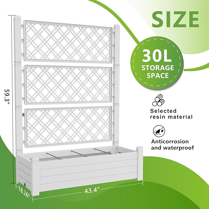 59.3in Planter Box Trellis, Large Outdoor Plastic Raised Garden Bed with Drain Plug for Climbing Plants(Ashen,43.43 * 18.27 * 59.29)