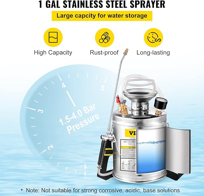 Happybuy 1 Gallon Stainless Steel Pump Sprayer, 12" Wand & 3FT Reinforced Hose, Pressure Gauge, Safety Valve & Adjustable Nozzle, Garden Weed Sprayer for Lawn, Gardening, Sanitizing