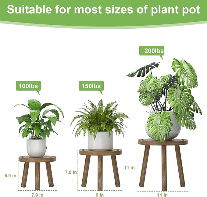 3-Pack Wood Plant Stands Indoor, Single Plant Stand for 6-12 Inch Pots, Mid-Century Modern Plant Stool, Tall Plant Stand for Large Plants for Living Room, Balcony, Office (Dark Gray)
