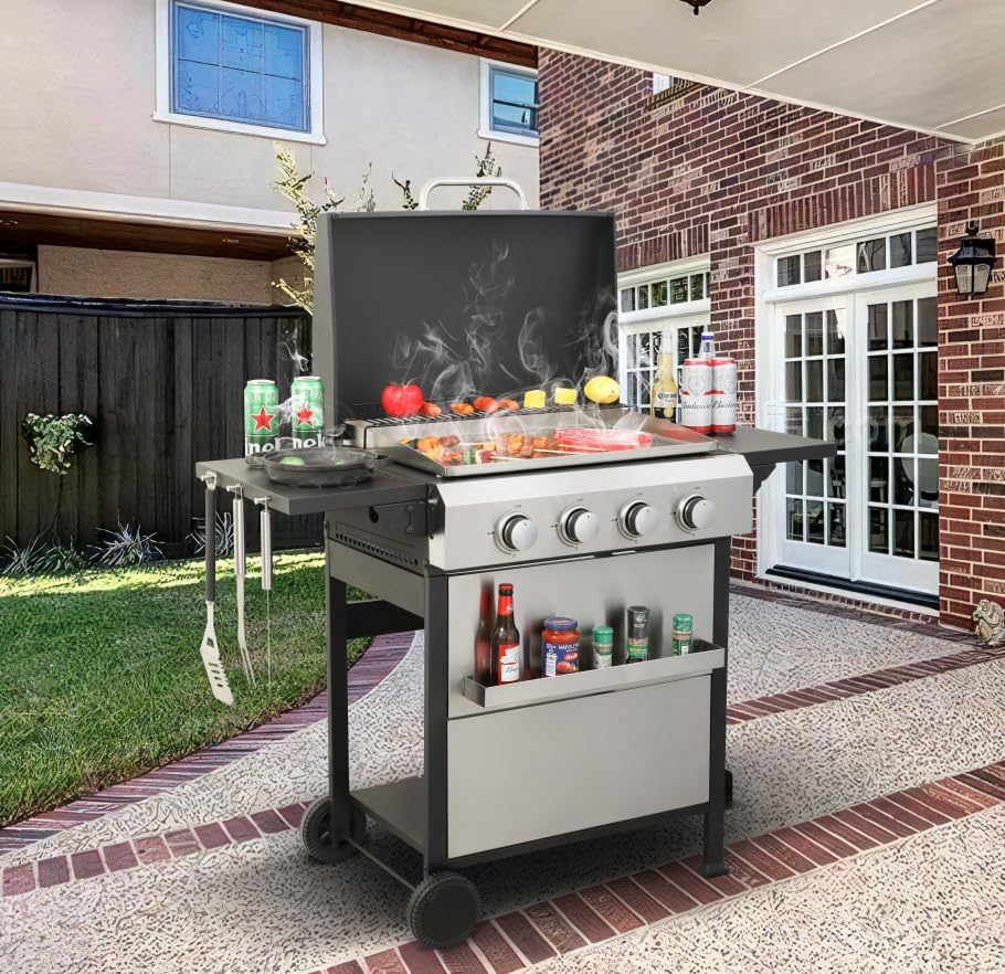 4-Burner Propane Gas BBQ Grill with SS Plancha, 49,200 BTU Output, Wire Enamel Cooking Grids, Foldable Side Table and Hanging Basket, Heavy-Duty Stainless Steel Grill