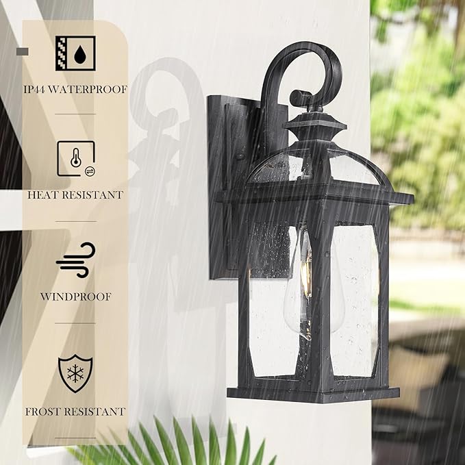 zeyu 2 Pack Outdoor Wall Lantern for Porch, 15 Inch Patio Wall Light Fixture Exterior Lights for House, Die-Cast Aluminum, Black Finish with Seeded Glass, ZD100B-2PK BK