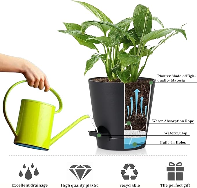 5 Pack 5 inch Self-Watering Pots, African Violets Planter with Drainage Holes and Reservoir, Black Plastic Planter for Indoor Outdoor Plants Flowers and Houseplants Black, 5 inch 5 pcs