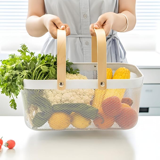 Portable Mesh Harvest Basket - Natural Bamboo Handle Foldable Organizer for Kitchen, Garden & Picnic | Ventilated Storage Bin with Rust-Proof Wire, Space-Saving Farmhouse Decor (Blue)