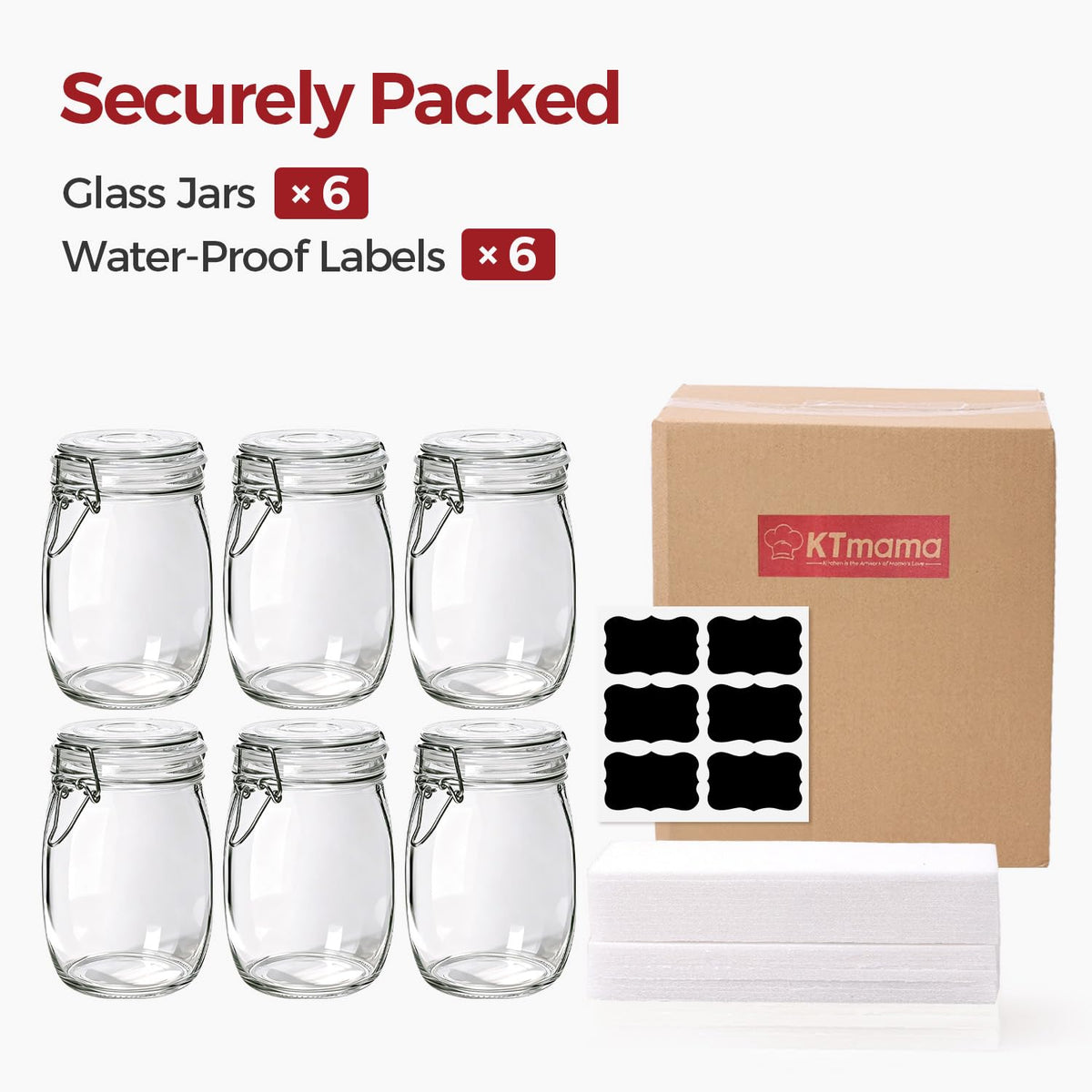 KTMAMA Glass Jars with Airtight Lids 34 oz 6 Pack Food Storage Pantry Round