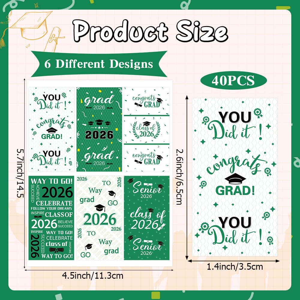 Graduation Party Decorations 2026 Graduation Label Stickers, 240PCS Congrats Grad Mini Green White Candy Wrapper Class Of 2026 Chocolate Bar Stickers