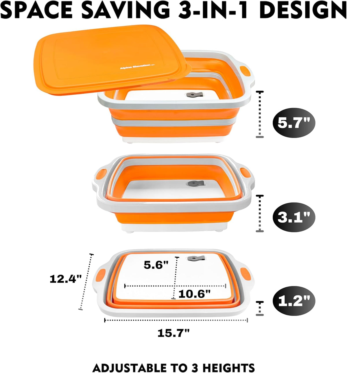Collapsible Large (8L) BBQ Marinating Tub w/Cutting Board | Multipurpose Food-Grade TPE Prep Tub w/Lid | Built-in Colander & Drain Plug - for Camping | Tailgate | Picnic - Bold Orange