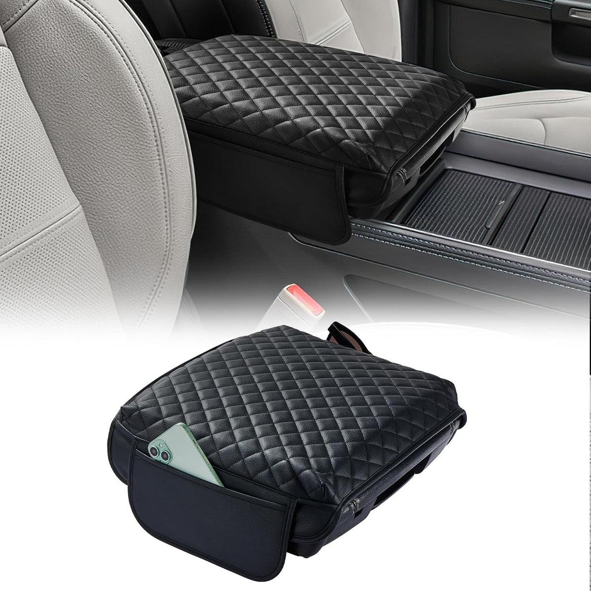 JOYTUTUS Center Console Cover for Ram 1500, 2500, 3500 (2019-2025) - Leather Arm Rest Cover with 2 Pocket