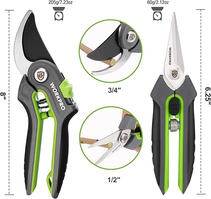 WORKPRO Garden Pruning Shears 2 Pack, 8" Bypass Pruning Shears and 6.25" Straight Garden Scissors, Premium Plant Shears, Garden Clippers Hand Tools for Cutting Flowers, Trimming Plants, Picking Fruits