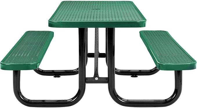 Global Industrial 6’L Rectangular Picnic Table, Expanded Metal, Green Thermoplastic Coating, Attached Benches, 1-1/2” Umbrella Pole Hole, Outdoor-Rated, 1000 lb Capacity, 72” x 30” Tabletop