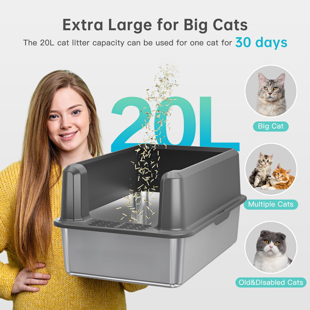 Stainless Steel Cat Litter Box, XL High Sided Open Top Litter Pan, 1 Scoop