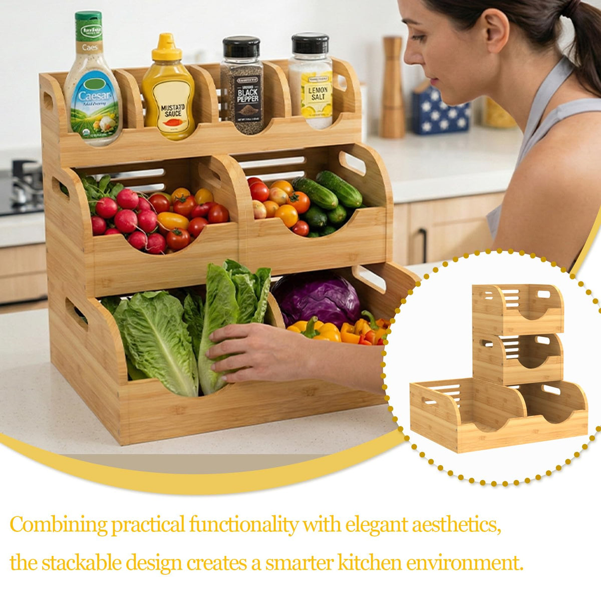 WHEEXIAG Potato and Onion Storage Bin, Made of bamboo, With 2 banana hooks