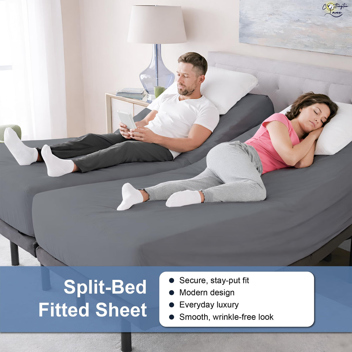 Split King Adjustable Bed Fitted Sheets, Soft Brushed Microfiber, Dark Grey