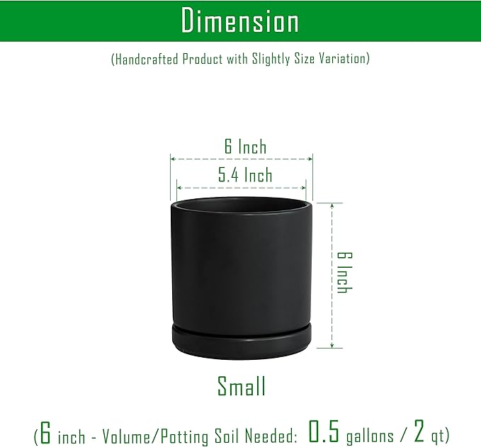 D'vine Dev 6 Inch Ceramic Planter Pot with Drainage Hole and Saucer, Indoor Cylinder Round Flower Pot, Black, 94-O-C-2