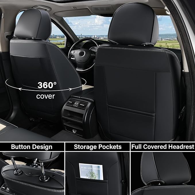 Coverado Seat Covers, Car Seat Covers Full Set, Leather Seat Covers for Cars, Automotive Seat Covers Car Seat Protector Car Accessories Fit for Most Sedans SUV Pick-up Truck(Black&Beige)