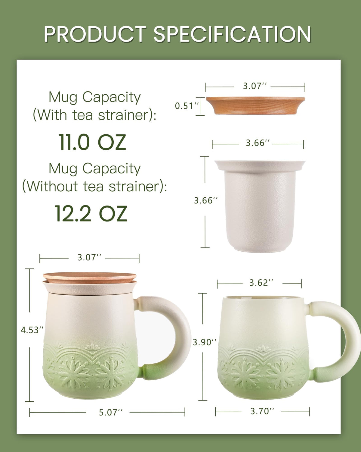 ZENS Tea Mug with Infuser and Lid for Loose Leaf Tea Steeper, 12oz Green