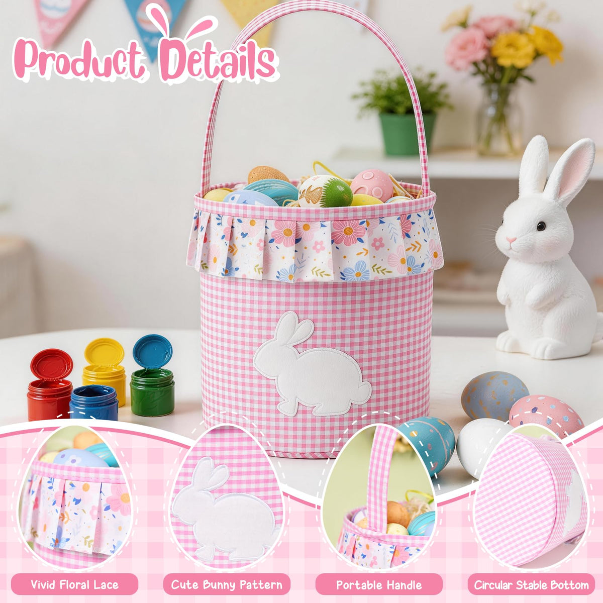 Munidow Easter Baskets for Toddler Boys Set of 2 With Wooden Tag Bunny Egg Basket Gingham Bucket Candy with Handle Tote Bucket Reusable Goody Baskets
