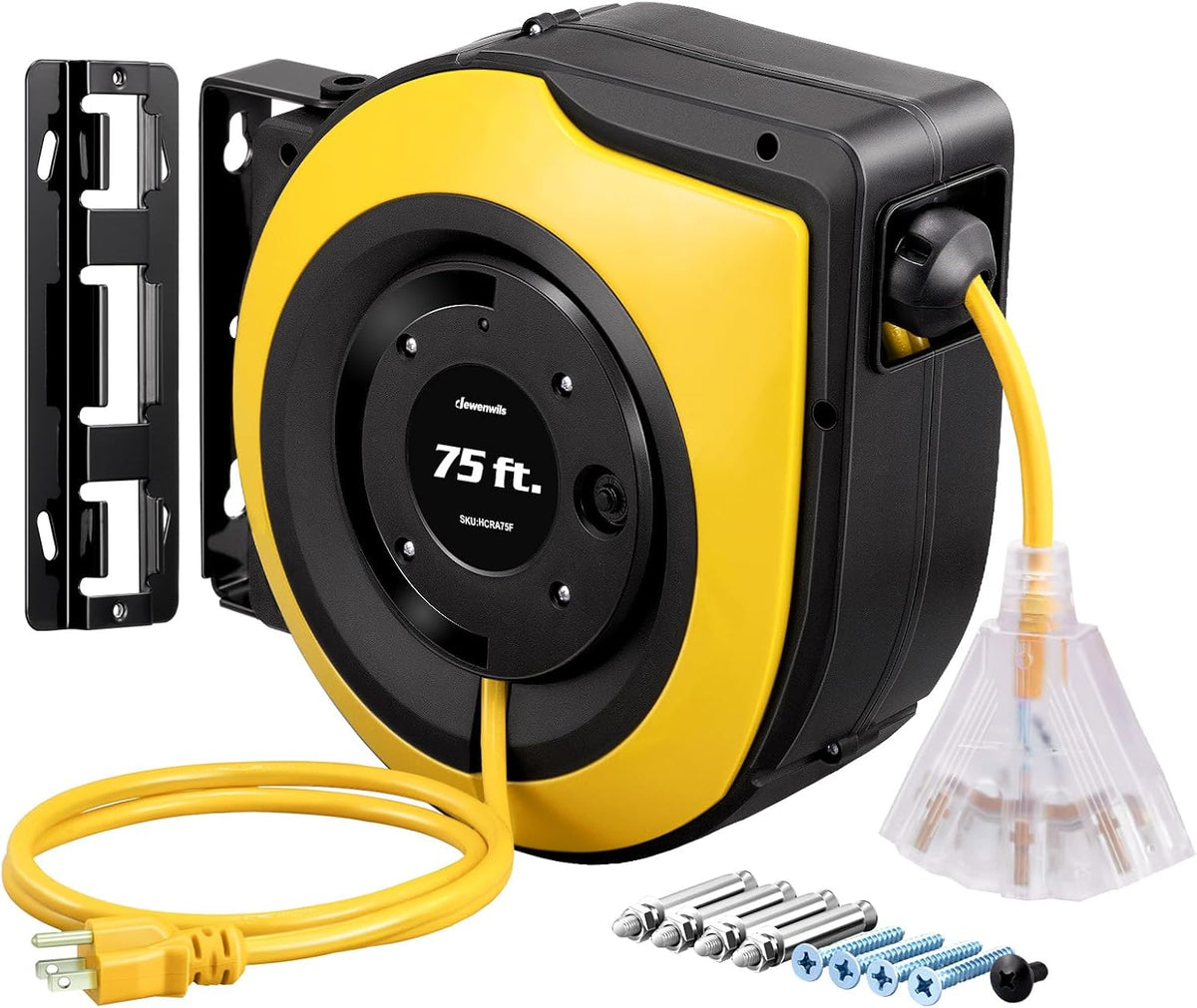 DEWENWILS Retractable Extension Cord Reel, 75 FT Heavy Duty Power Cord, 14/3C SJTOW Retractable Cord Reel, Lighted Triple Outlets, 10A Circuit Breaker, Wall/Ceiling Mount, UL Listed, Yellow