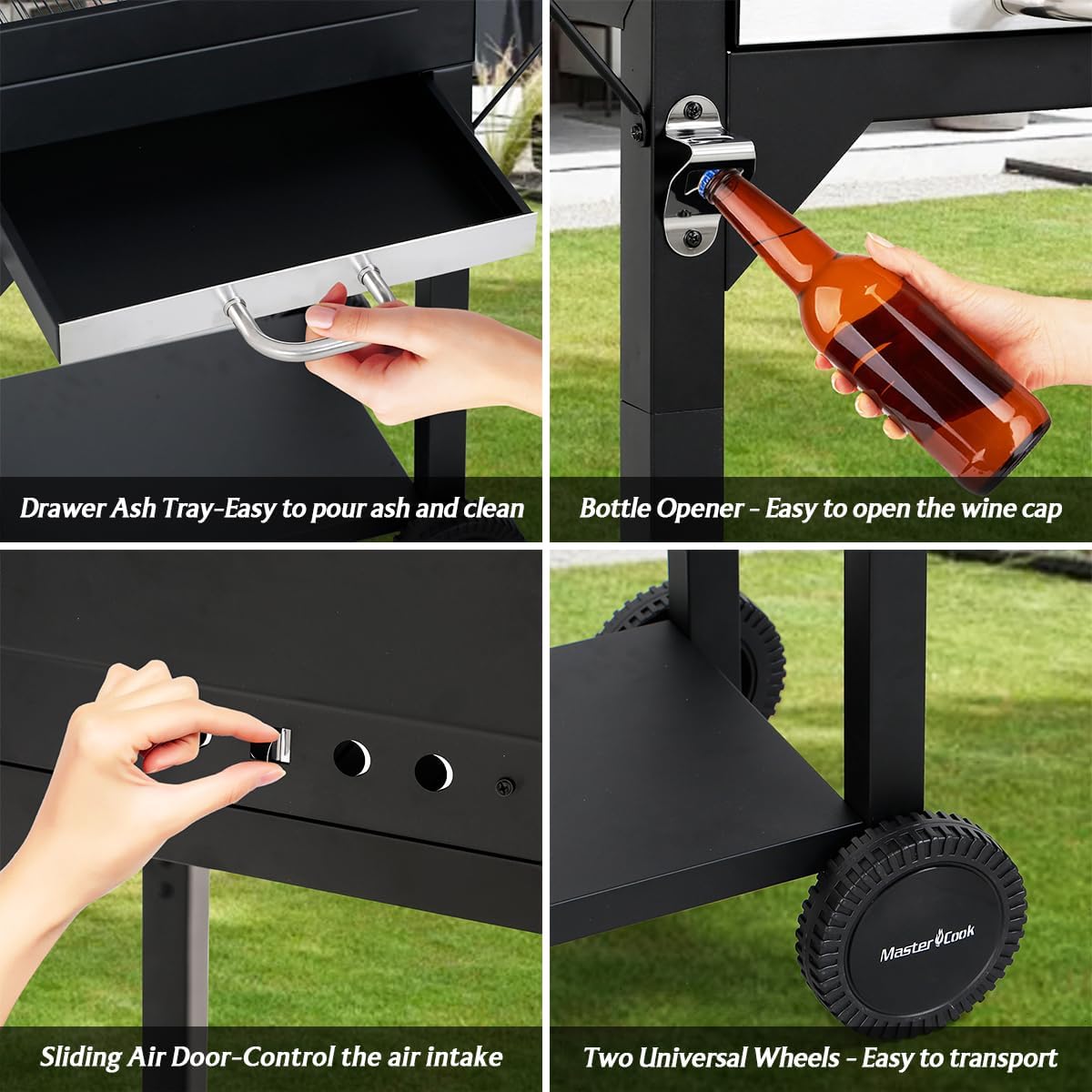 MASTER COOK Charcoal Grill with Two Side Tables, Heavy-duty Steel Barbecue BBQ Grill for Outdoor Picnic Backyard Patio and Parties, 43"*38"*17"