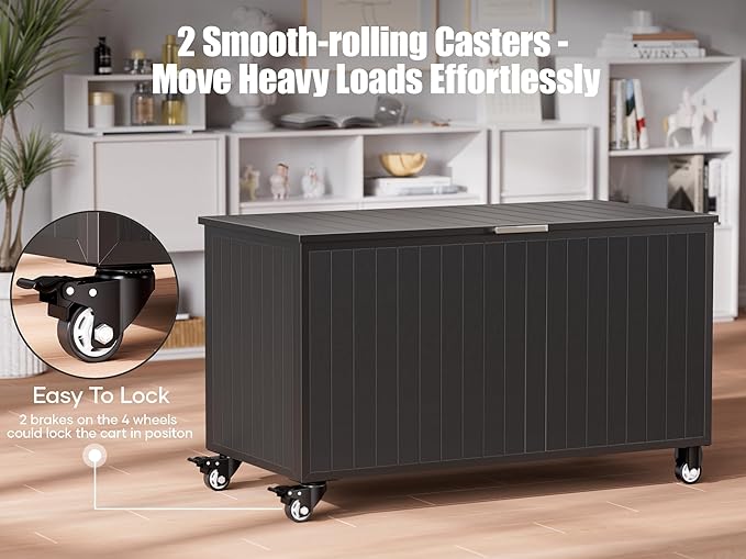 Outdoor Storage Box with Wheels 135 Gallon, Mobile Waterproof Aluminum Deck Box, UV Resistant Patio Storage Box with Lid for Patio Furniture, Garden Tools (Black)