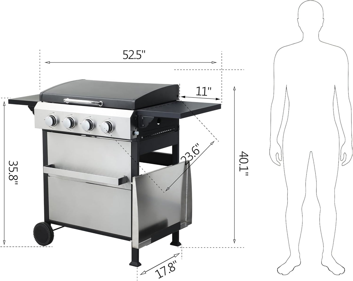 4-Burner Propane Gas BBQ Grill with SS Plancha, 49,200 BTU Output, Wire Enamel Cooking Grids, Foldable Side Table and Hanging Basket, Heavy-Duty Stainless Steel Grill