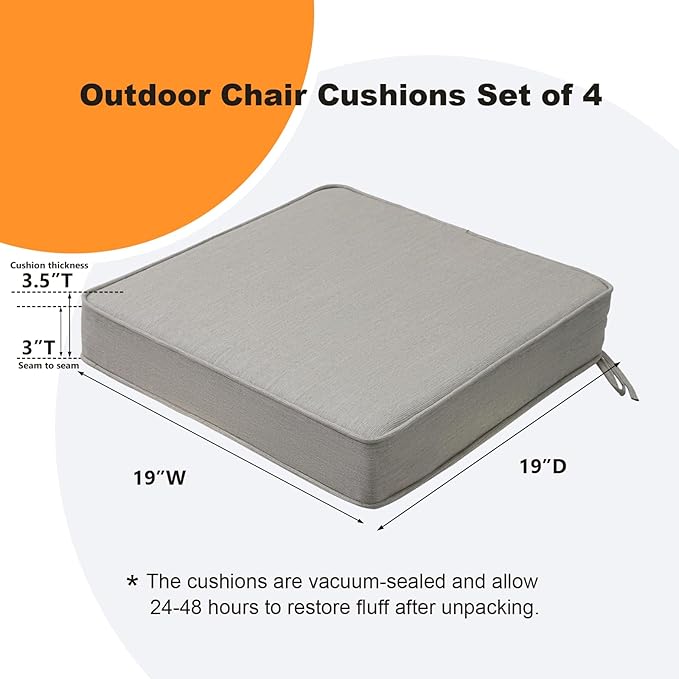 Sunbrella Square Corner Seat Cushions, 19" x 19" x 3", Set of 4, Indoor Outdoor Water Repellent Universal Chair Pads with Ties for Patio Furniture, Garden Dining Chairs, Specrtum Pebble