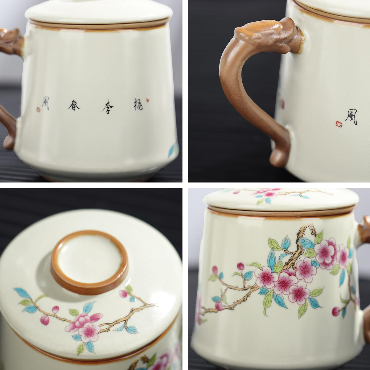 fanquare Beige Ruyao Porcelain Tea Cups with Infuser and Lid, Chinese Steeping Tea Mug with Strainer for Adults, Plum Blossom Tea Cup Set for One for Home Office