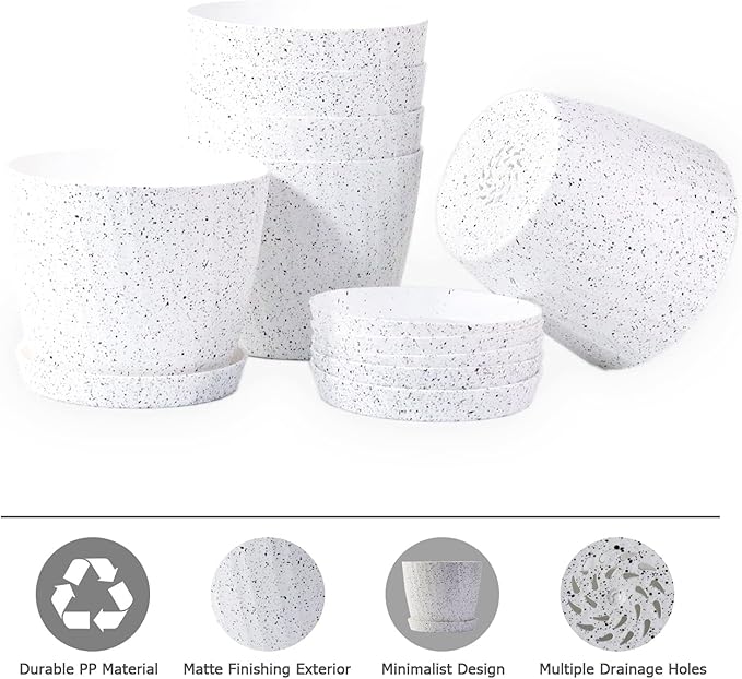 7 Inch Plant Pots Bulk, 6 Pack Plastic Planters with Drainage Holes and Saucers for Indoor Outdoor House Plants and Flowers, White Speckles
