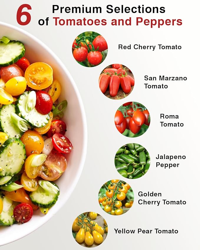 Tomato Seed Pod Kit for AeroGarden, idoo, Ahopegarden, MUFGA with Red Cherry/Golden Cherry Tomato, Roma/San Marzano/Yellow Pear Tomato and Jalapeno Pepper - Compatible with All Hydroponics (7-Pod)