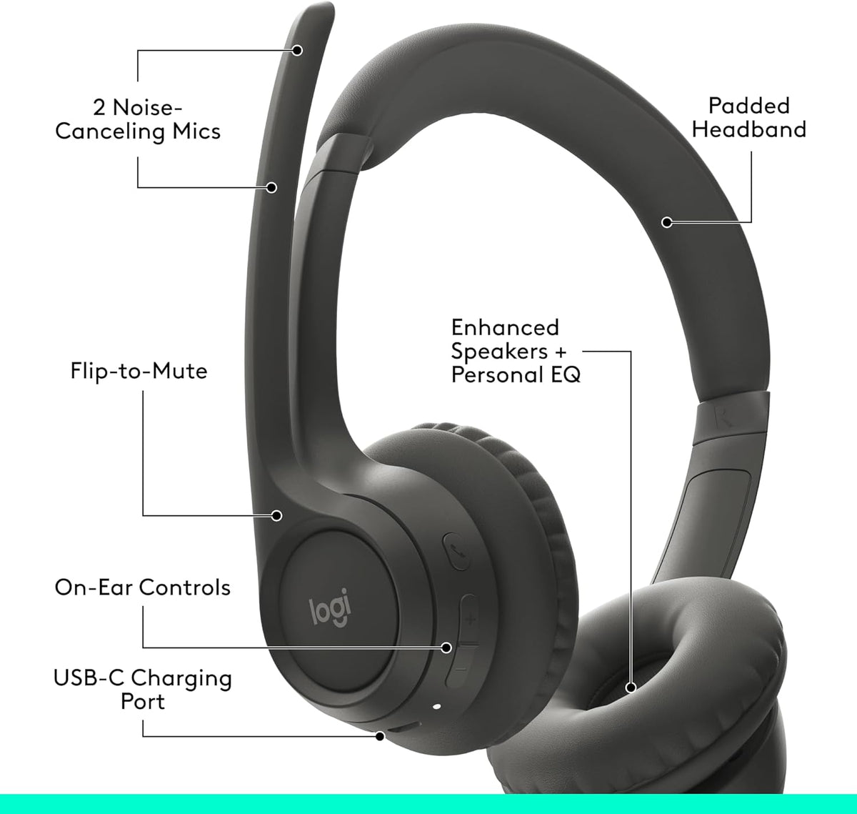 Logitech Zone 301 Wireless Bluetooth Headset with Noise-Canceling Microphone, Compatible with Windows, Mac, Chrome, Linux, iOS, iPadOS, Android – Graphite