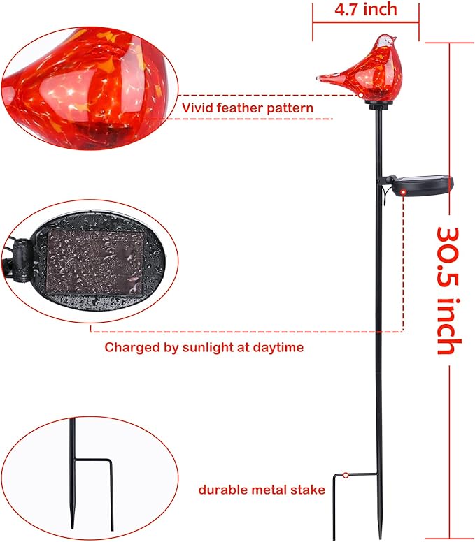 Afirst Solar Outdoor Lights - Decorative Solar Stake Lights Cardinal Handblown Glass Garden Stakes, Waterproof for Pathway Decoration, 2 Pack