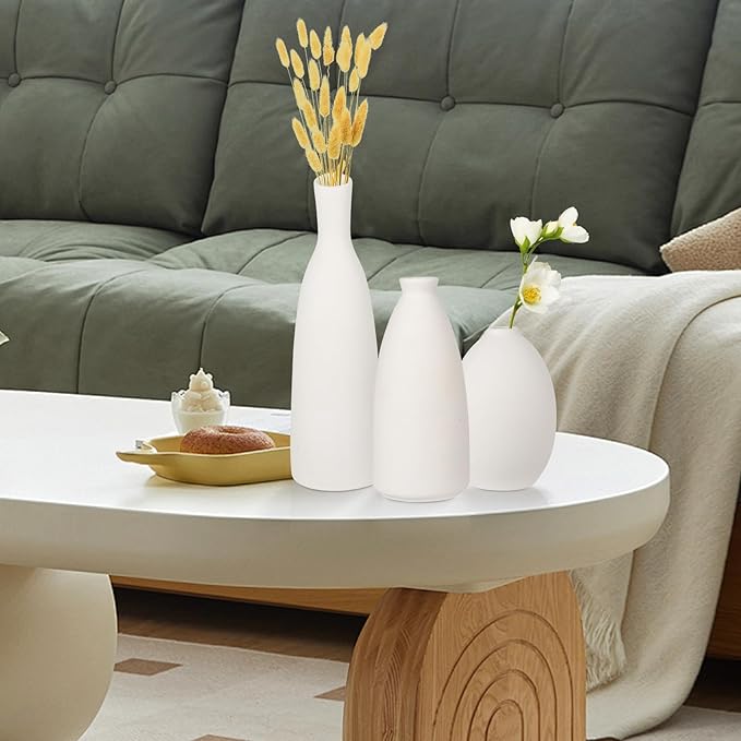 Ceramic Vase Set of 3, Small Flower Vase for Home Decor, Decorative Vases for Pampas Grass & Dried Flowers, Living Room, Bedroom, Bathroom, Shelf Centerpiece Table Decorations