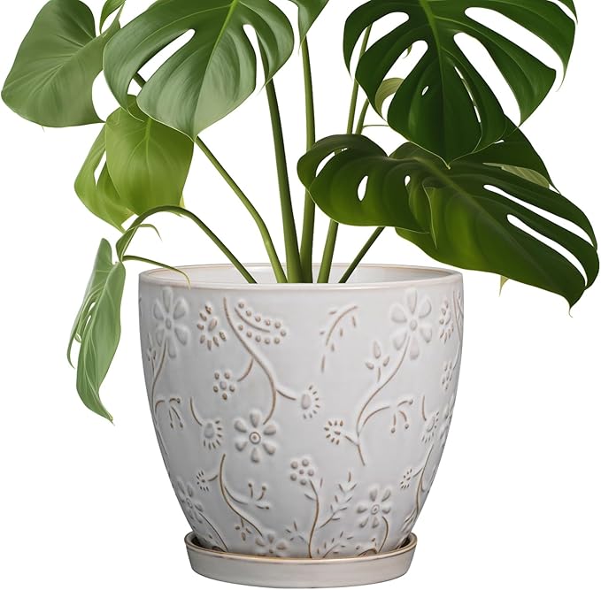 8 Inch Ceramic Pots for Plants Large Planter Pot with Drainage Hole and Saucer Round Flower Pot for Indoor Outdoor Decor, White
