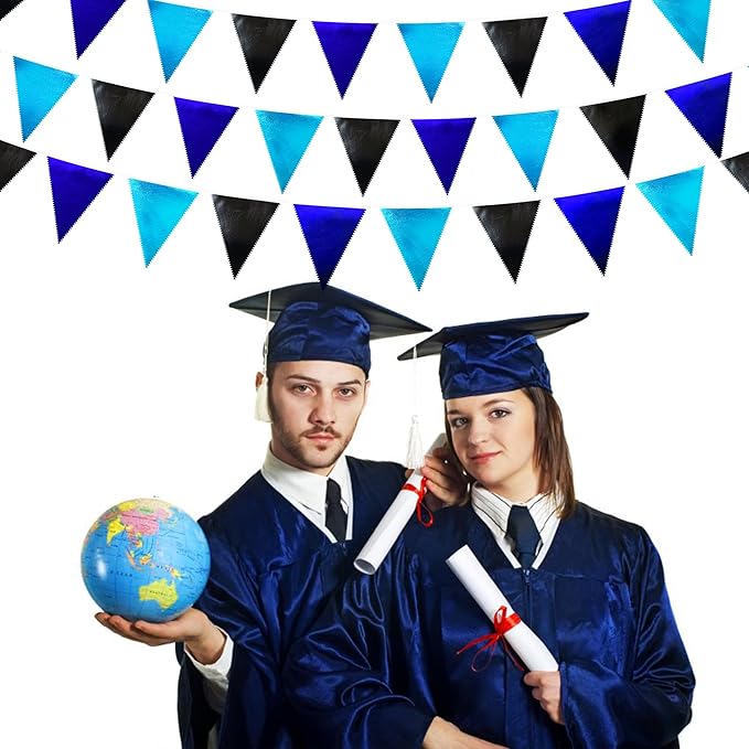 Black Blue Party Decorations Metallic Fabric Triangle Pennant Banner Flag Bunting Garland for Video Game Nautical Birthday Graduations Retirement Wedding Bachelorette Outdoor Holiday Party Supplies