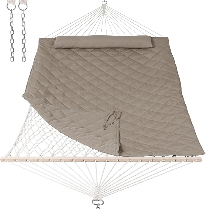 ANOW 2 Person Hammock with Spreader Bars, Rope Hammock with Pad for Outside, 450 LBS Weight Capacity, Light Brown