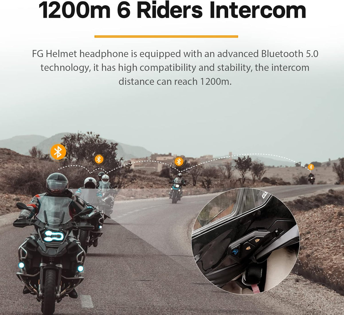 FreedConn FG Motorcycle Helmet Bluetooth Headset, Motorcycle Communication Systems with CVC Noise Cancellation, Stereo Music, 6 Riders 0.75mi/1200m intercom, 19Hrs Intercom, IP65, 1 Pack