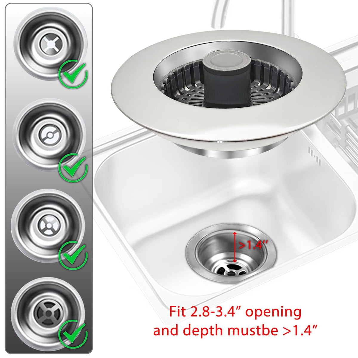 BAOLSLS 3 in 1 Kitchen Sink Stopper, Pop Up Kitchen Sink Drain Strainer