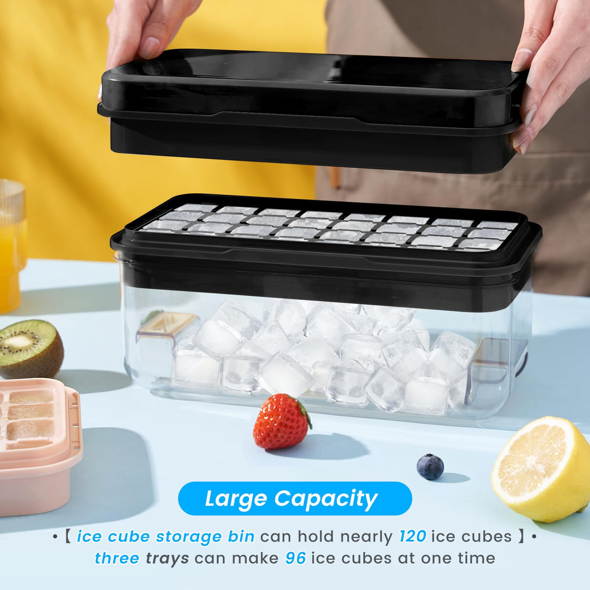 PHINOX 1" Ice Cube Tray with Lid and Bin, Easy Release 96 Cubes for Freezer