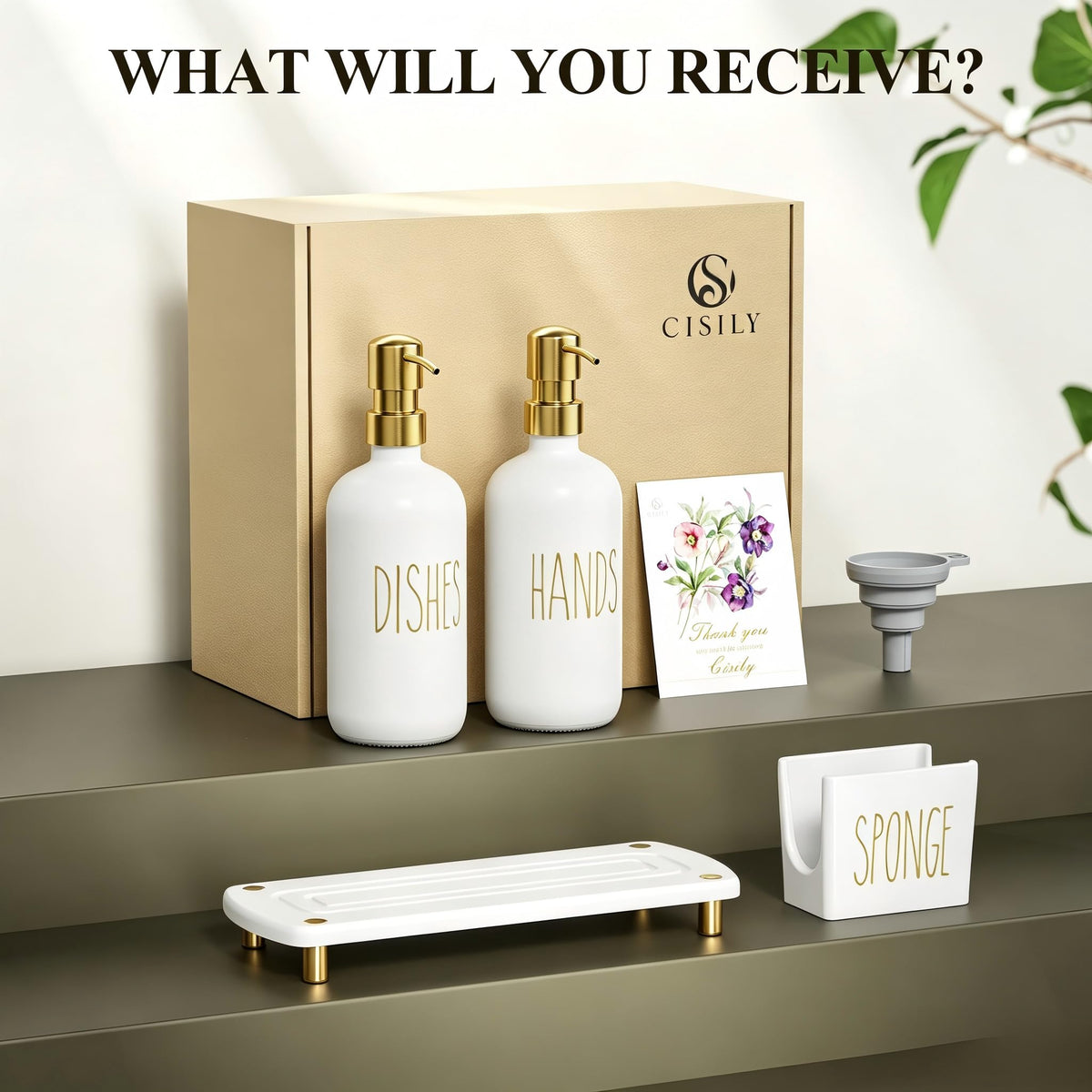 Cisily Kitchen Soap Dispenser Set Comes with Ceramics Sponge Holder, Gold Pumps, and Instant Dry Tray, Hand and Dish Soap Dispenser Set, Kitchen Decor and Accessories for Countertop Organizer