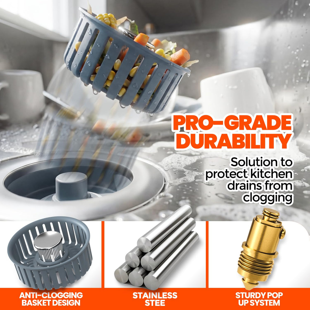 Nipoko 3 in 1 Kitchen Sink Drain Strainer Stopper Basket Pop Up Silver