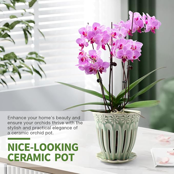 5" Ceramic Orchid Pots with Holes | Crackle Glazed Orchid Pot with Drainage and Separate Saucer | Ideal Plant Pot for Repotting Orchids and Other Flowers(Green)