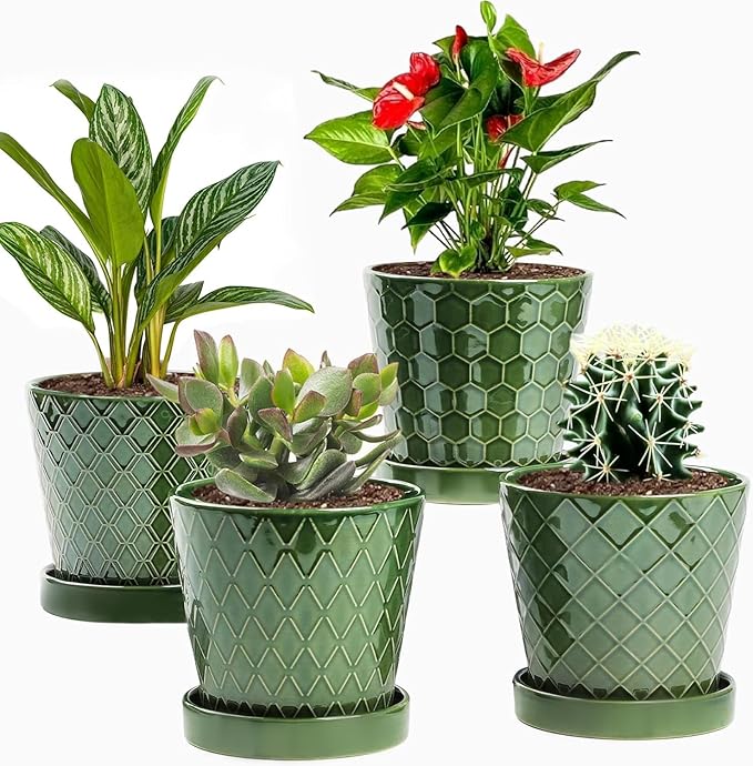 EFISPSS Flower Planter –5 inch Ceramic Plant Pots with Drainage Hole and Ceramic Tray - Gardening Home Desktop Office Windowsill Decoration Gift Set of 4 - Plants NOT Included