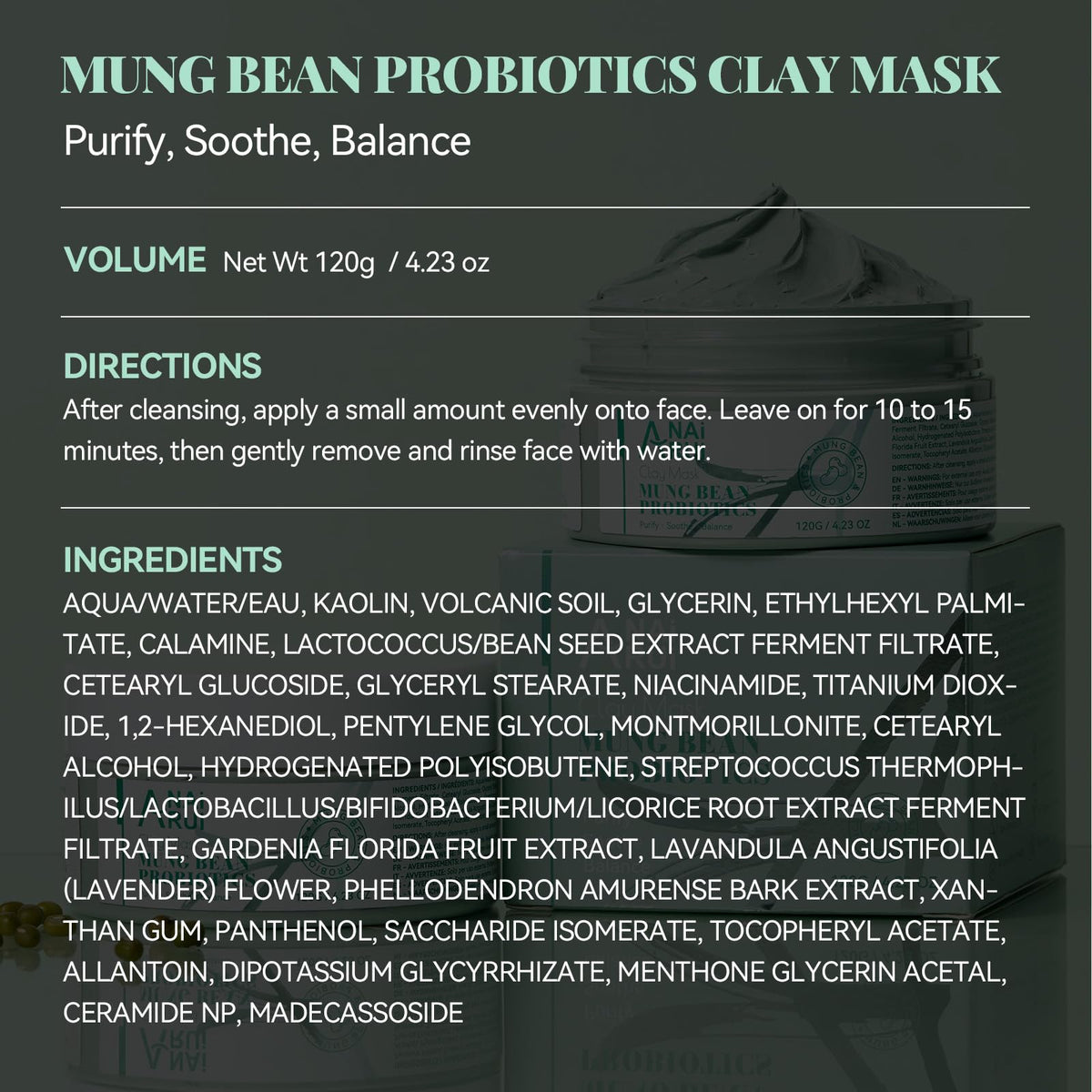 ANAI RUI Mung Bean & Probiotics Clay Mask, 4.23oz
