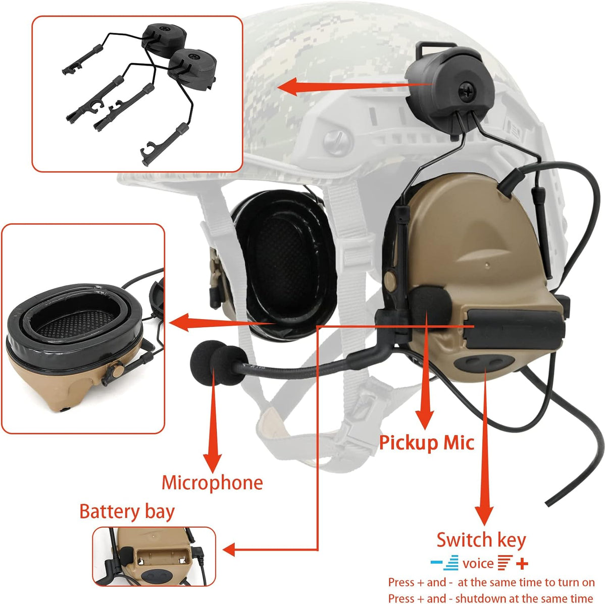 COMTA 2 Helmet-Type Tactical Headset with U94 PTT 2pin，Noise Canceling Headphones，for Airsoft Hunting Shooting