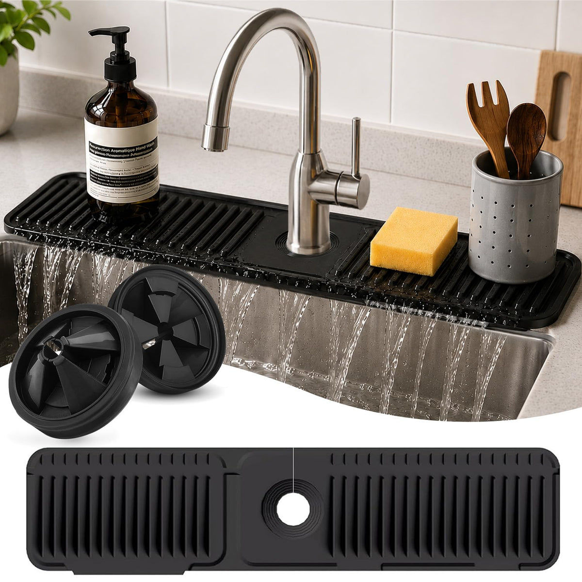 24 Inch Silicone Faucet Mat for Kitchen Sink Splash Guard, W/Sink Baffle