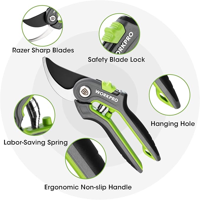 WORKPRO Garden Pruning Shears 2 Pack, 8" Bypass Pruning Shears and 6.25" Straight Garden Scissors, Premium Plant Shears, Garden Clippers Hand Tools for Cutting Flowers, Trimming Plants, Picking Fruits