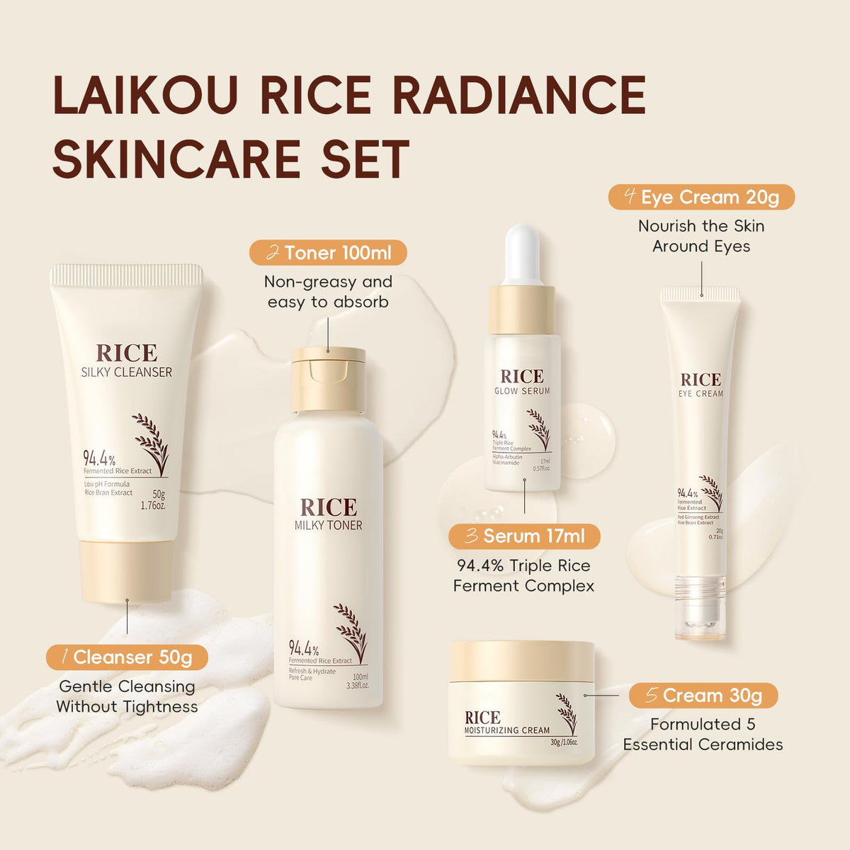 LAIKOU Skin Care Set, Korean Skin Care - Korean Beauty for Women - 5pcs