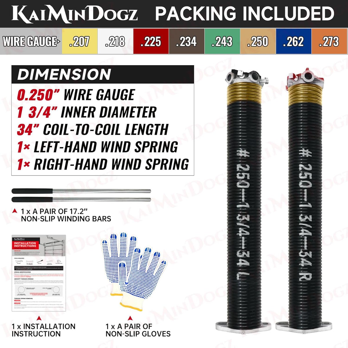 Pair of 1.75" Garage Door Torsion Springs Set with Non-Slip Winding Bars&Gloves, High Precision Electrophoresis Oil-Free Black Coated for Replacement, MIN 16,000 Cycles (0.250 x 1.75"x 34")