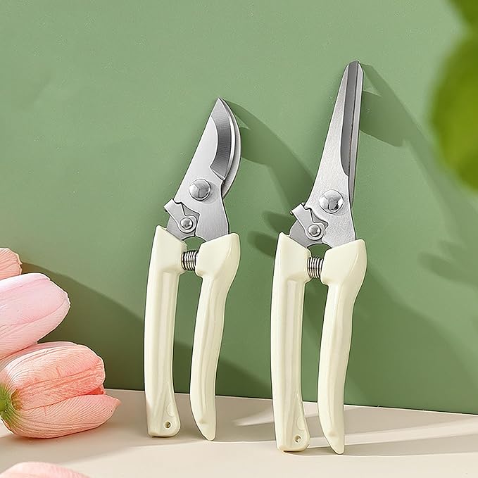 Garden Flower Shears Pruning Shears 6.9 inches Straight and Bypass Scissors Heavy Duty Plant Scissors for Cutting Flowers, Trimming Plants, Bonsai, Fruits Picking (White handle Straight and Bypass)
