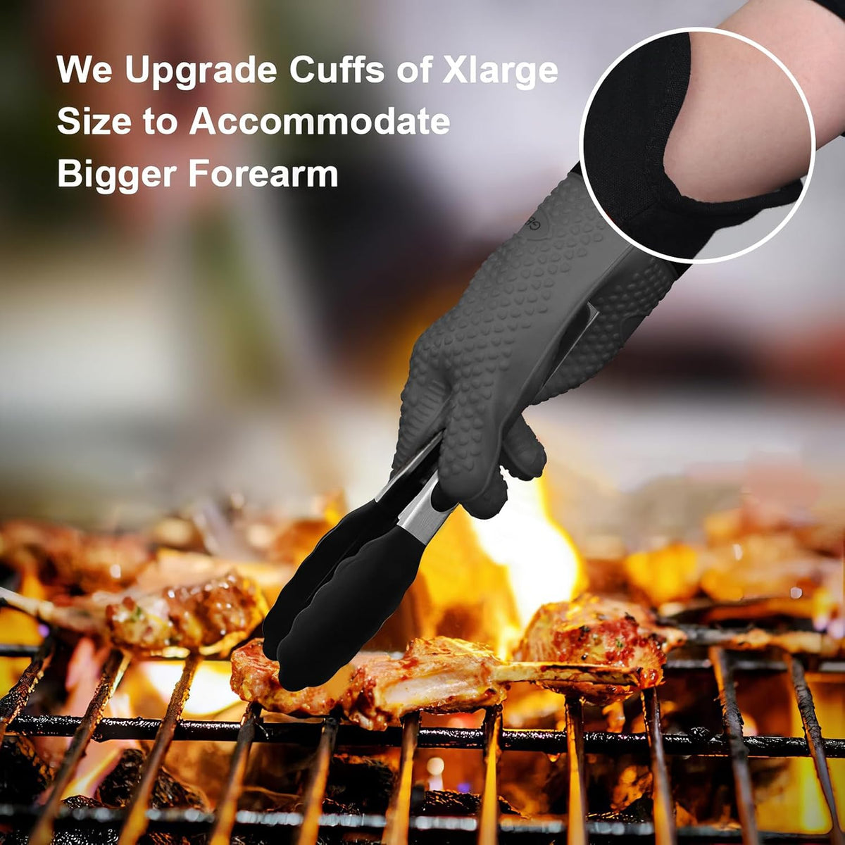 GEEKHOM BBQ Gloves Heat Resistant Oven Mitts - Silicone Grilling Gloves with 14" Long Arm Protection - Waterproof Pot Holder Non-Slip for Men & Women, Kitchen Cooking, Baking, Camping, Gray