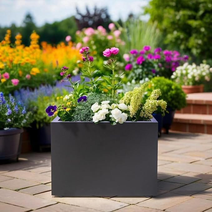Metal Planter Box Rectangular Block-No Installation Required Galvanized Steel Long Box Planter Modern Outdoor Planters All-Weather Use with Drainage Holes for Patio/Porch,16 ×12×12IN